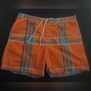 Polo Ralph Lauren Swimwear Shorts Trunks men 2xl Orange Green Logo Plaid EUC